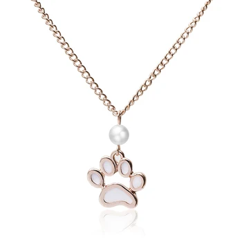 New Arrival Cute Dog Lovers Jewellery White Enamel Pet Paw Pendant With Pearl Necklace Rose Gold jewelry