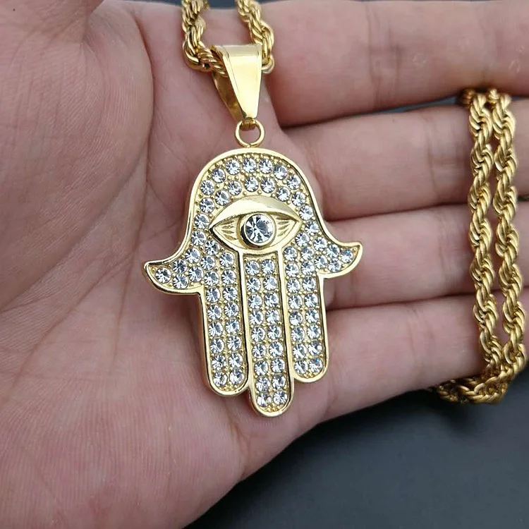 18K Gold Hamsa Hand with Eye Pendant Turkish Stainless Steel