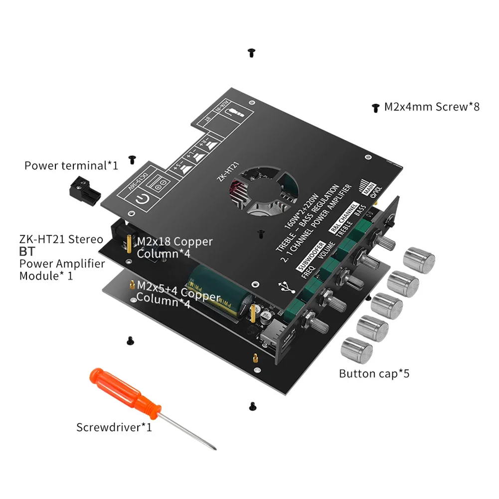 Creatall HT21 2.1 Channel 160WX2+220W HiFi Power Amplifier Board Module AUX/USB Input BT5.0 Digital Subwoofer Professional