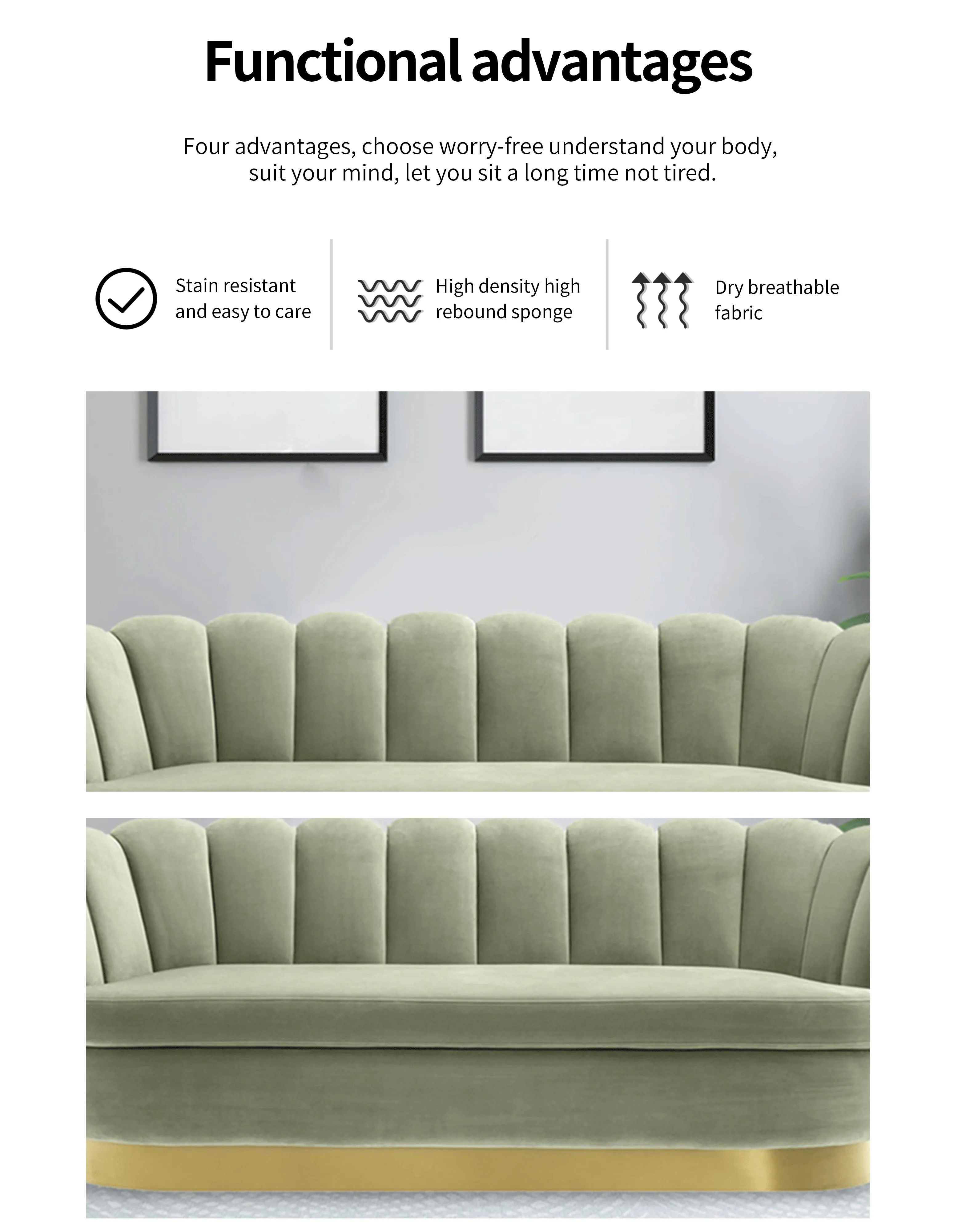 Custom Elegant Velvet Fabric Sofa 3 Seat Stainless Steel Gold Base ...