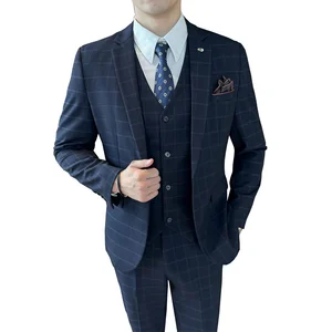 2026 Vintage Casual Men's Plaid Design Winter Knitted Spandex/Cotton V-neck 3 Piece Suit with Custom Logo