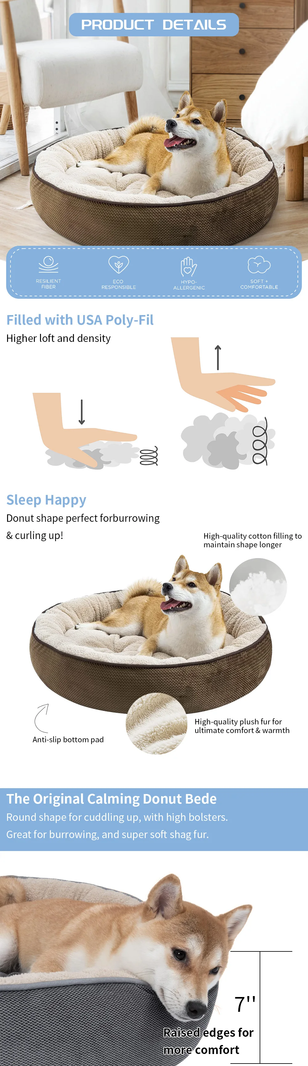 Hot selling fluffy soft warm plush washable calming luxury round donut pet dog bed supplier