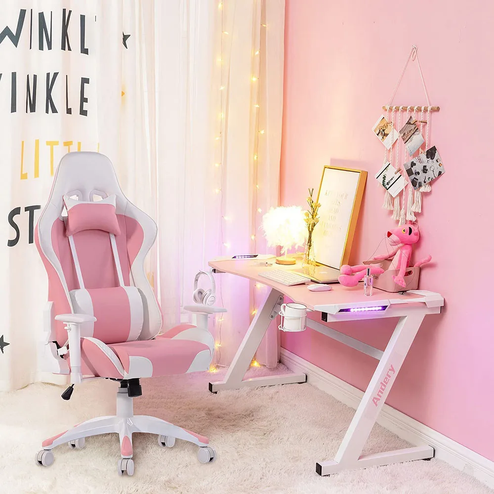 Customized Pink Gaming Table Chair Led RGB Lights Laptop Computer Chair Desk with Cup Holder for Girl Boy