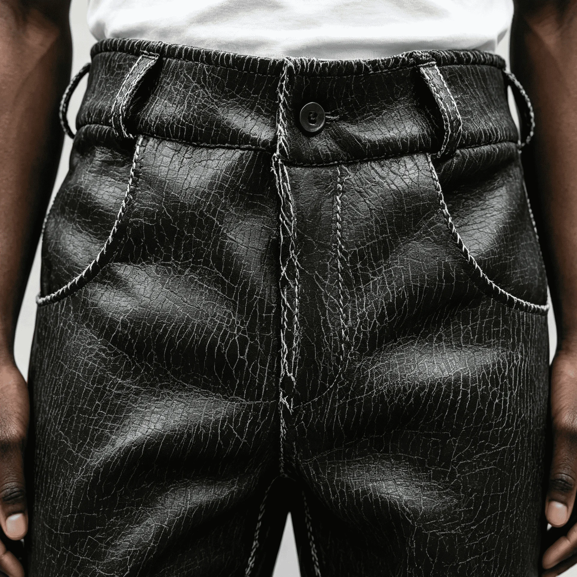 OEM Black Faux Leather Pants Wide Leg Baggy Fit Contrast Stitch Streetwear Supplier Fashion Wear Winter Men Leather Pants gallery 7