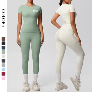 Women's Workout 2 Piece Sets Lounge Outfits Slim Short Sleeve Tops High Waist Butt Lift Leggings Sets Yoga Sweatsuit