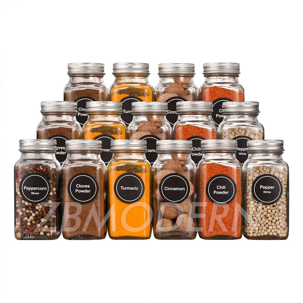Glass Spice Jars with Labels 4oz Empty Square Spice Bottles with