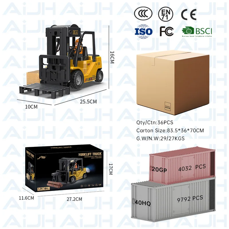 AiJH 11CH Remote Control Forklift Toy 1:24 Scale Lighting Music Rc Truck Spray Rc Forklift Vehicle for Kids Gift
