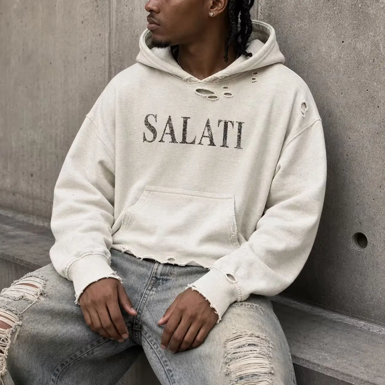 OEM Custom Cream Washed Men Hoodies Ripped Hole Oversized Pullover Raw Edge Long Sleeve Casual Streetwear Supplier Men Hoodie