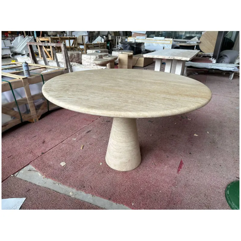 HZX Round to Oval Customized Nordic Funiture Pedistal Table Marble Columns Base Modern Travertine Round Marble Dining Table