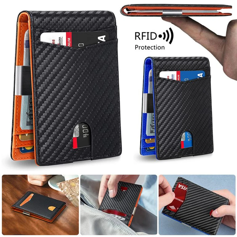 Customize Mens Front Pocket Money Clip Wallet RFID Blocking Carbon Fiber Wallet ID Window Large Capacity Wallet