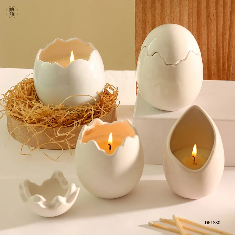 Nordic Porcelain Candles Container Luxury Custom Cute Unique Egg Shell Shaped Empty White Ceramic Candle Jars with Lids