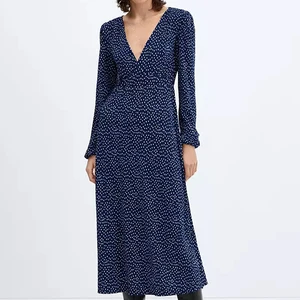 Lady Casual Style Long Sleeve Midi Dress With Vintage Polka Dot Printed Textured Custom Designed Clothing Long Dress Women