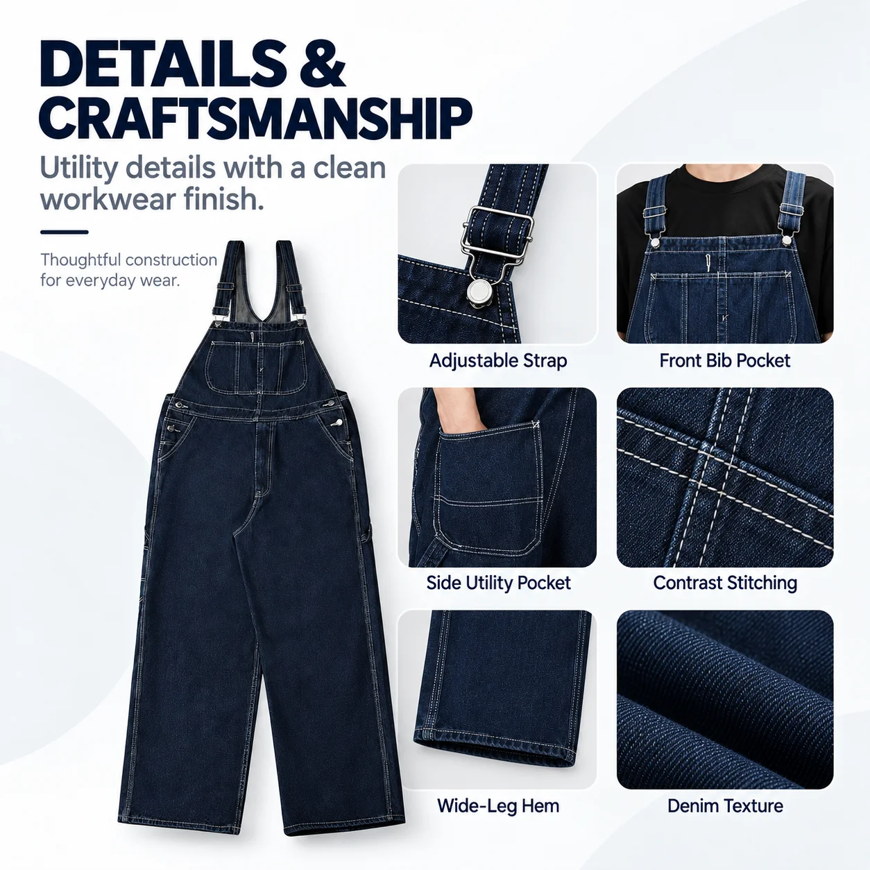 Japanese-Style Overalls Trendy Solid Straight-Leg Workwear Denim Jeans Unisex Jumpsuits (100% Cotton)