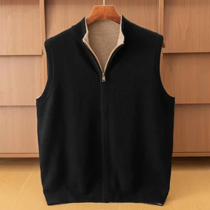 Men's Winter Breathable Knitted Cardigan Jacket with Zipper Front Logo Thick Warm Wool Liner Sleeveless Cashmere