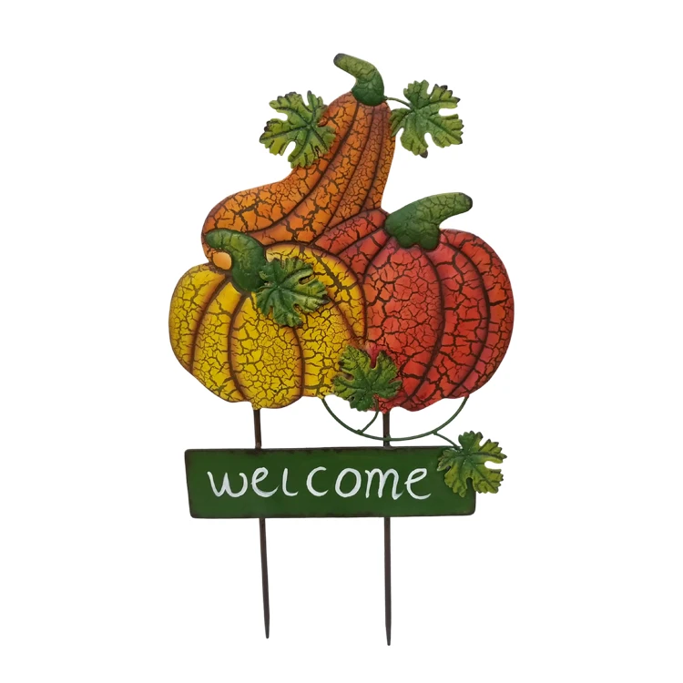 Fall Metal Pumpkin Yard Stake Rustic Cutout Harvest Pumpkin Yard Welcome Sign with Stakes Standing Thanksgiving 