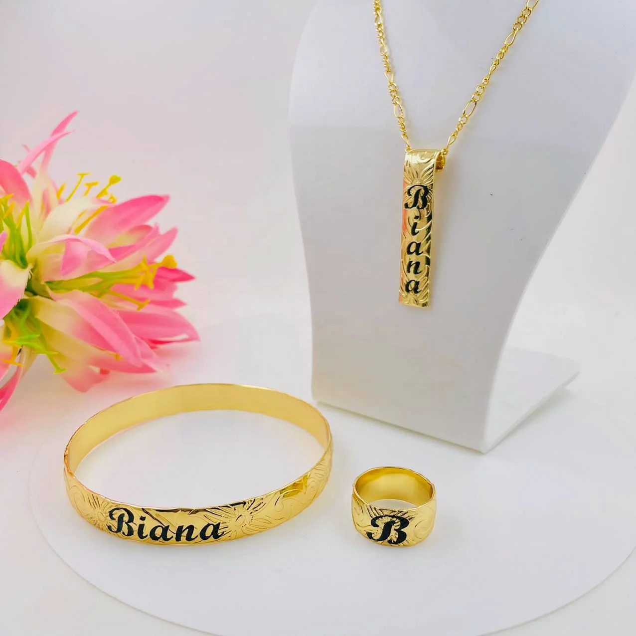 JX242 Customize Name Ring Initial Vertical Necklace Bracelet Set Hawaiian Samoa Jewelry Wholesale Personalized Birthday Gift