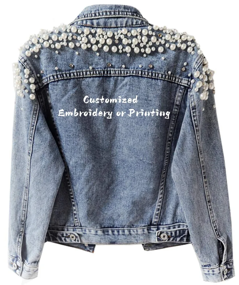Women's Embroidered Rivet Pearl Short Denim Jacket Coat Pearls Beading