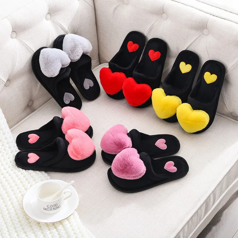 Custom logo Warm Ladies Fashion Winter Flat Shoes Female Indoor Cute Love  Heart Plush Fur Non Slip Woman Home Heart Slipper