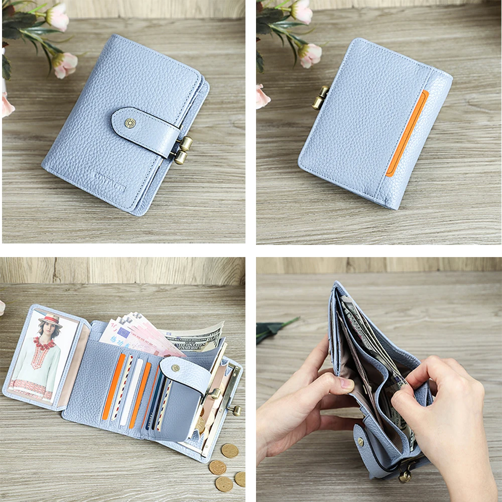 Vintage Damen-Geldbörse aus echtem Vollnarbenleder mit RFID-Schutz, Metallrahmen, Kartenetui und Münzfach_voghion.com