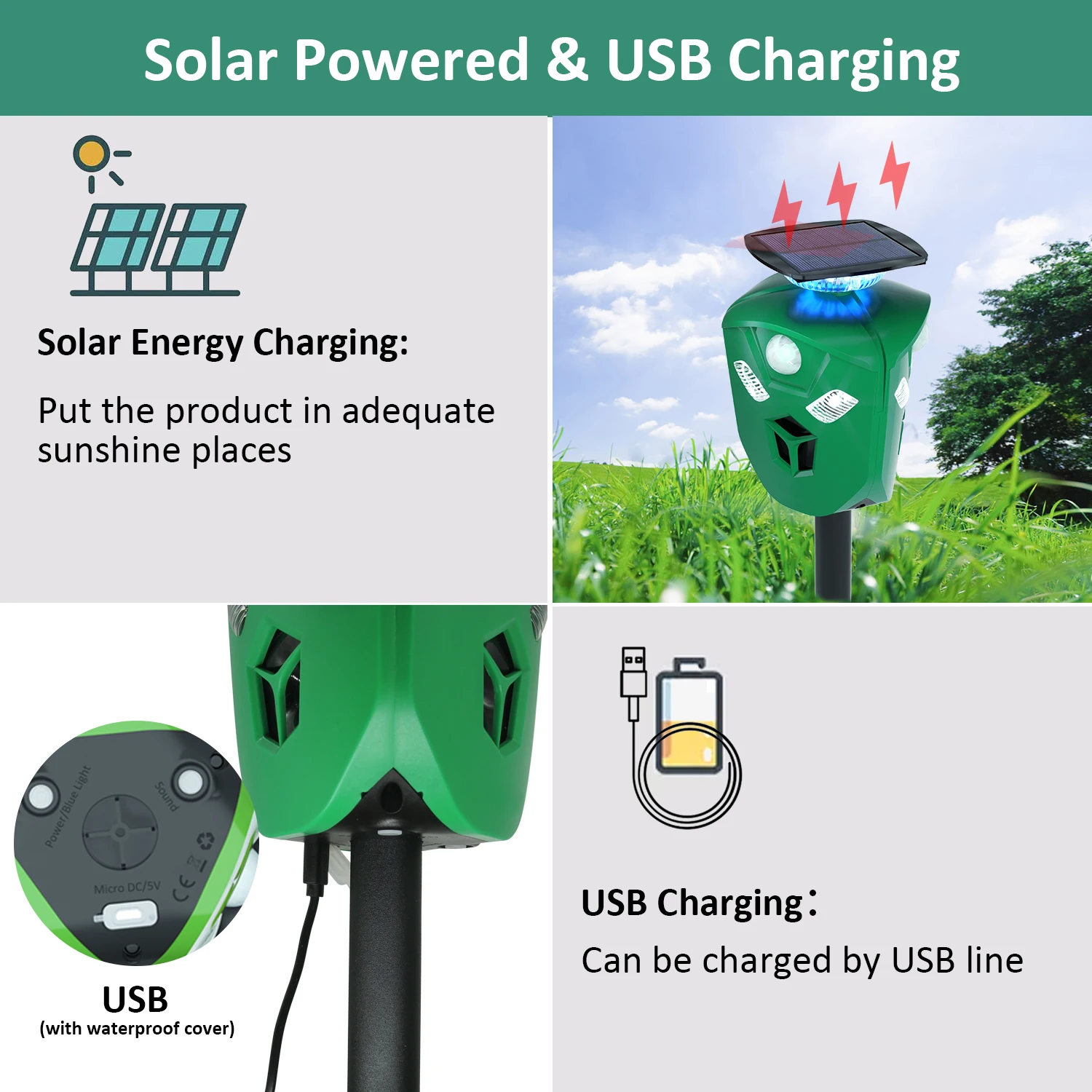 New Tri-face 360 Outdoor Smart Solar Ultrasonic Animal Repeller Deer/Pigeon/Cat/Wild Pig/ Solar Pest Animal Repeller
