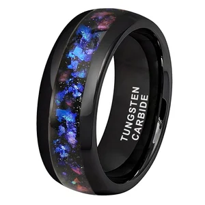 8mm Black Tungsten Rings for Men Women Orion Nebula Opal Galaxy Inlay Engagement Wedding Promise Band Polished Shiny Comfort Fit