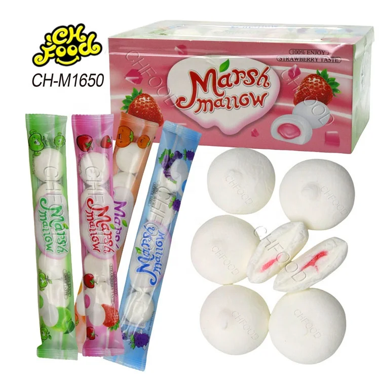 China Factory Strawberry Fruit Flavor Jam Filled Round Marshmallow Halal Soft Candy Wholesale and OEM