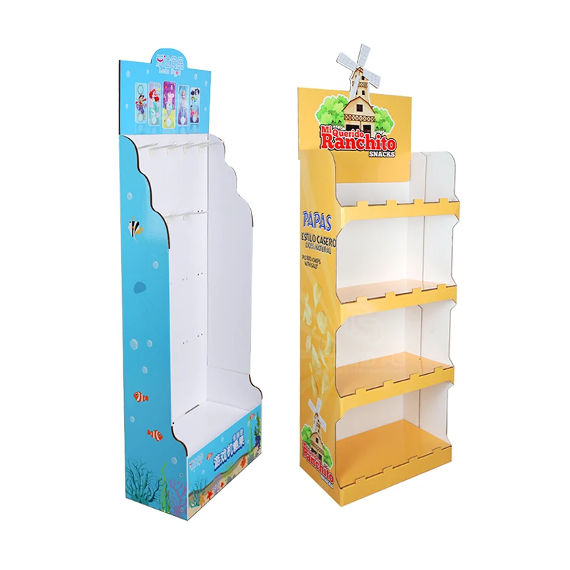 Custom Eco-friendly Advertising Snack Cardboard Display Stand Bread Corrugated Floor Display Shelf Potato Chips Biscuit Retail