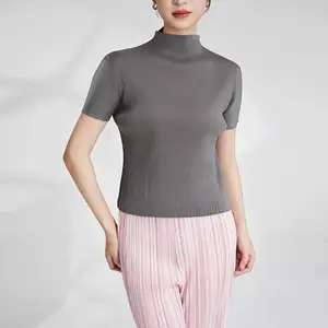 Summer Women's Casual T-Shirt Miyake Latest Fashion Design With Short Turtleneck Sleeves Pleated Elastic Top