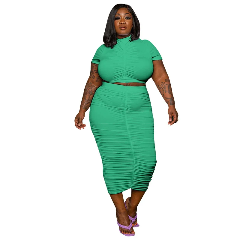 2022 Plus Size Solid Color Round Neck Pullover Short Sleeve Two Piece Fashion Casual Pleated Skirt Ladies Suit for Summer