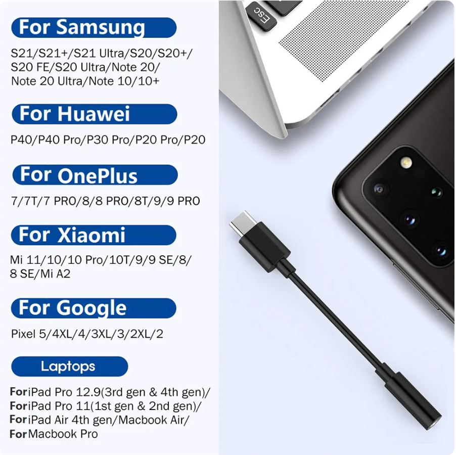 Adaptateur USB-C Vers Jack 3.5mm - Hi-Fi, Compatible Pixel, Samsung, Huawei, Xiaomi - 5