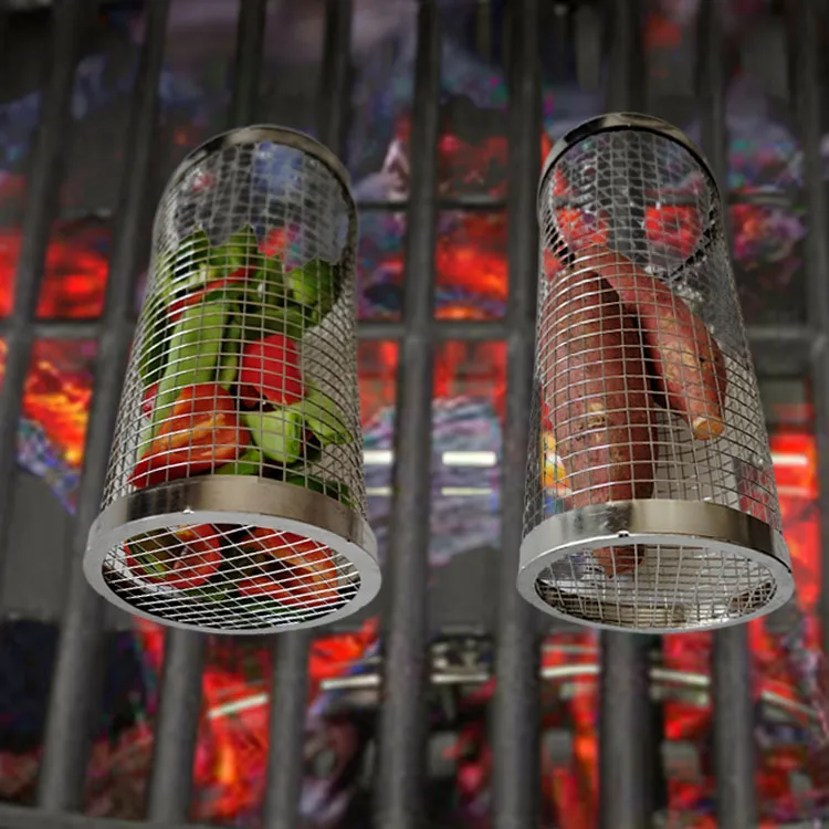 Stainless Steel Wire Mesh Bbq Rolling Grilling Basket Buy Portable