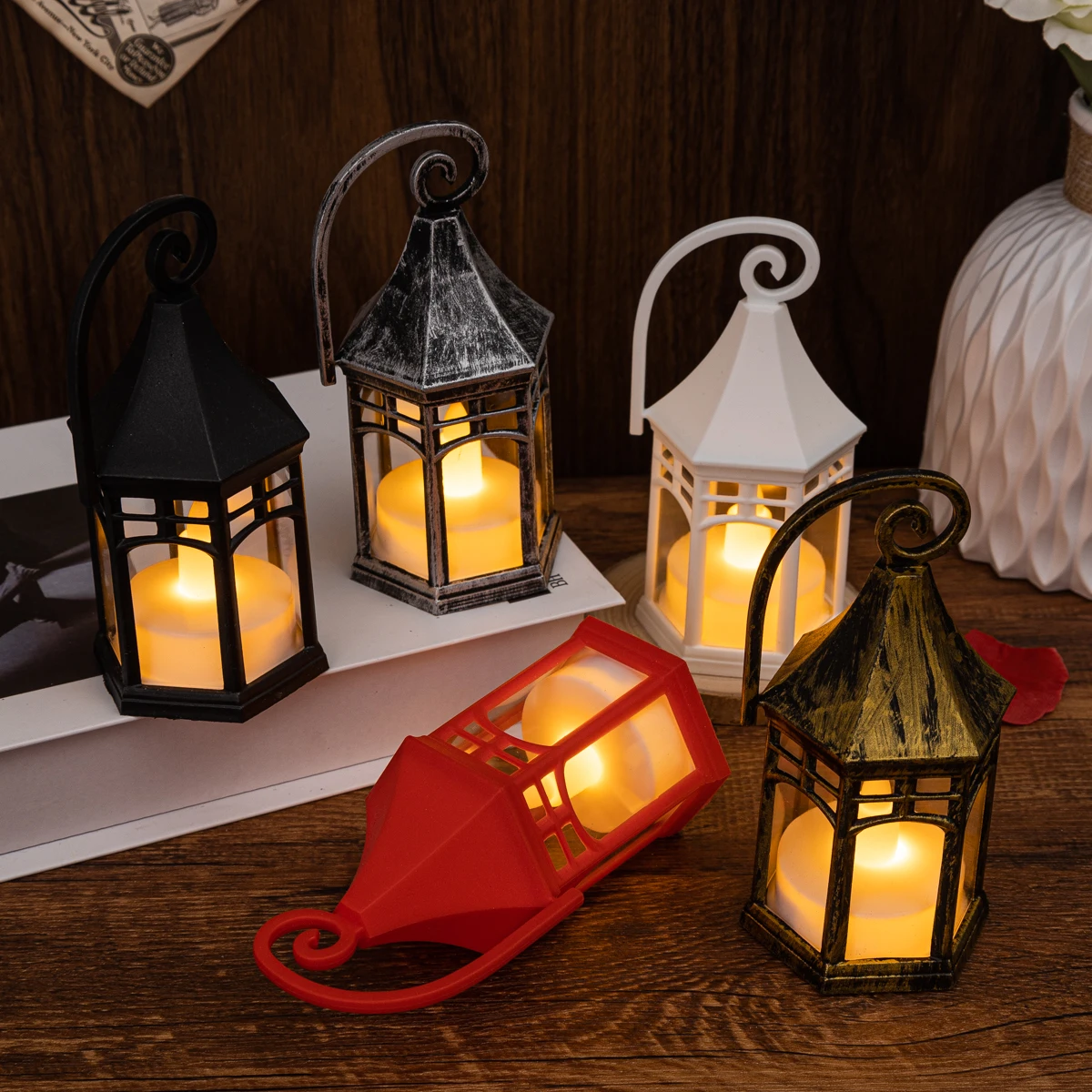 product retro church hexagonal wind light plastic flameless led candle wind light halloween festival retro home decoration light-31