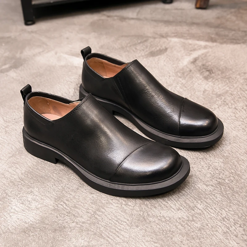 Wholesale Black Monochrome Cheap Official Big Mens Genuine Leather Shoes