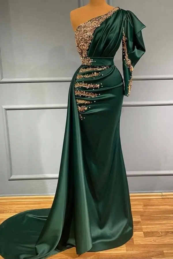 Modest One Shoulder Satin Plus Size Evening Dresses 2023 Women Trumpet ...