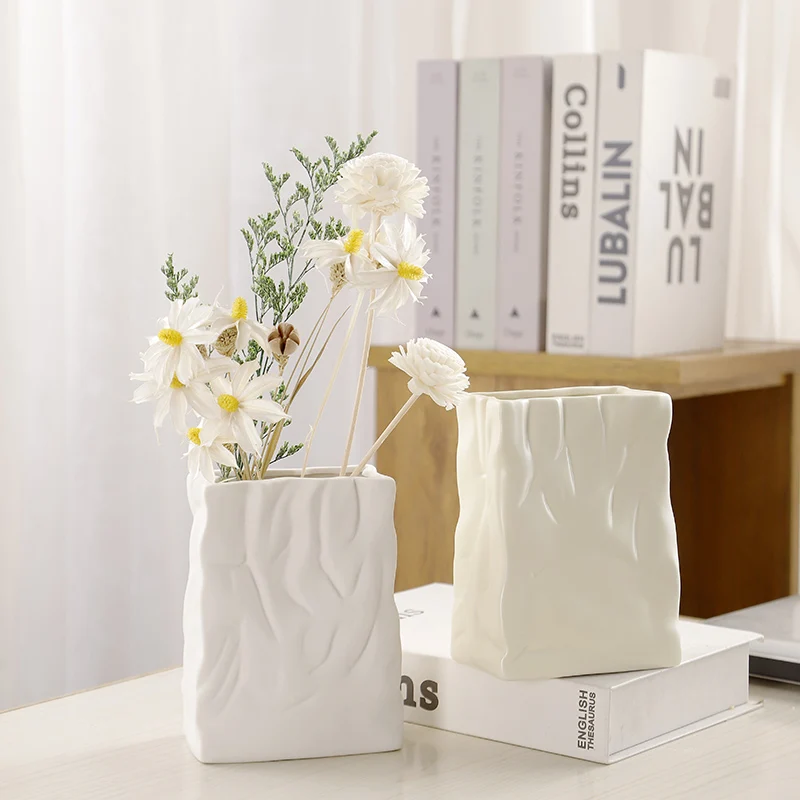Factory Wrinkled Paper Bag Vase Ceramic Flower Pot for Home Garden Tabletop White Vases for Decor