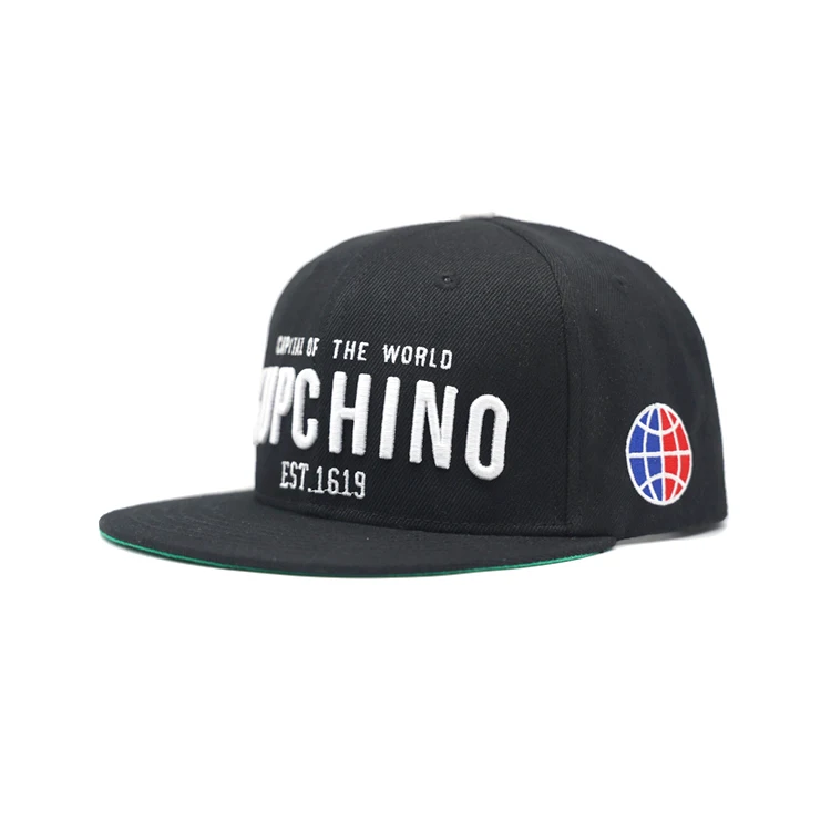 Manufacturer black acrylic OEM flat brim  Custom 3d Embroidery logo 6 panel hip hop sport hat snapba