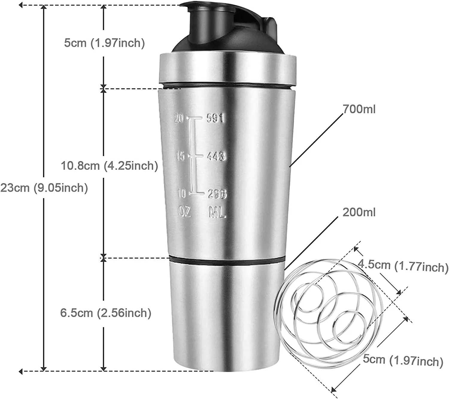 Protein Shaker Bottle 700 ml with Mixball & Powder Compartment 200 mL, Metal Shaker Leak-Proof Fitness Bottle Shaker(Black), Size: 700ml Shaker Bottle