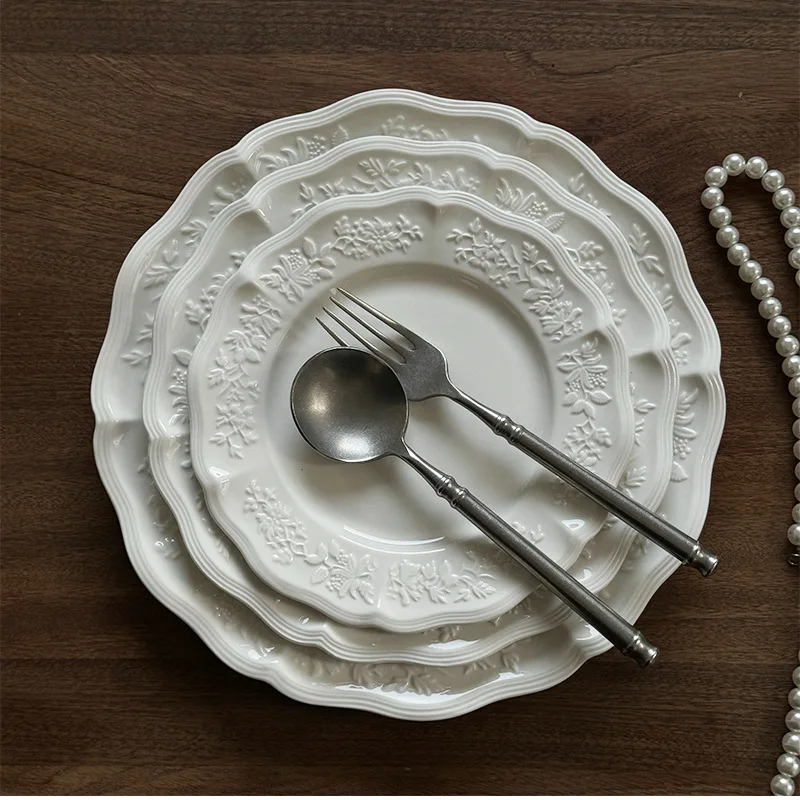 product french medieval relief lace ceramic plate heavy relief pattern plate dessert dinner high appearance level plate-52