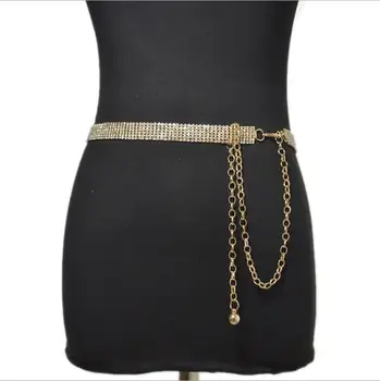 2020 gold chain women waist wide metal dress belts plus size sexy wave luxury Six rows of diamond-encrusted metal belt