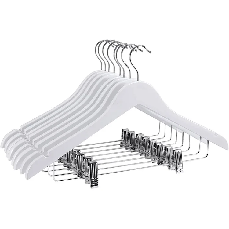 12 White Wooden Children's Hanger with Chrome Pant Clips