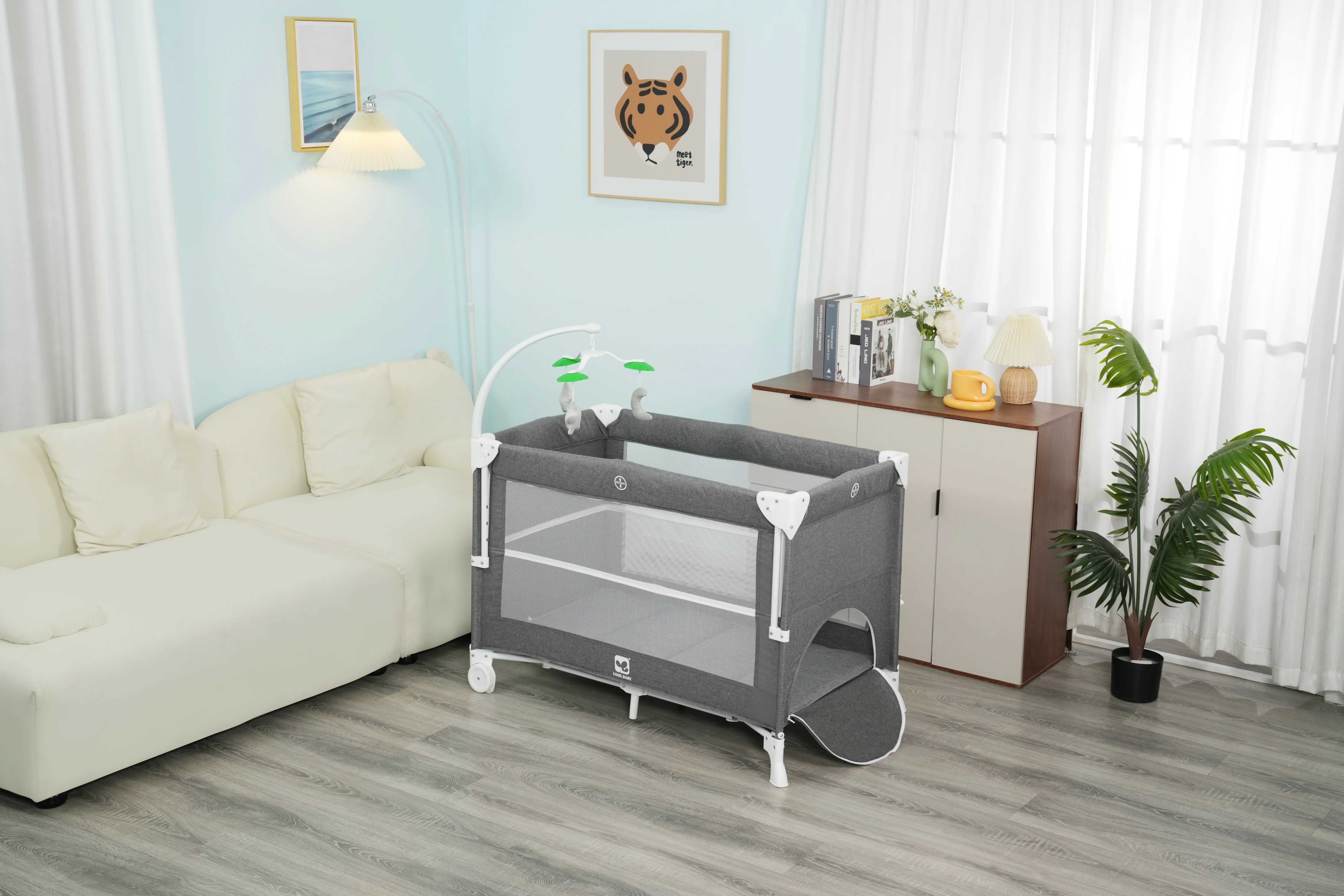 P9062 Cool Baby One Side Adjustable Foldable Baby Crib Portable Baby Playpen manufacture