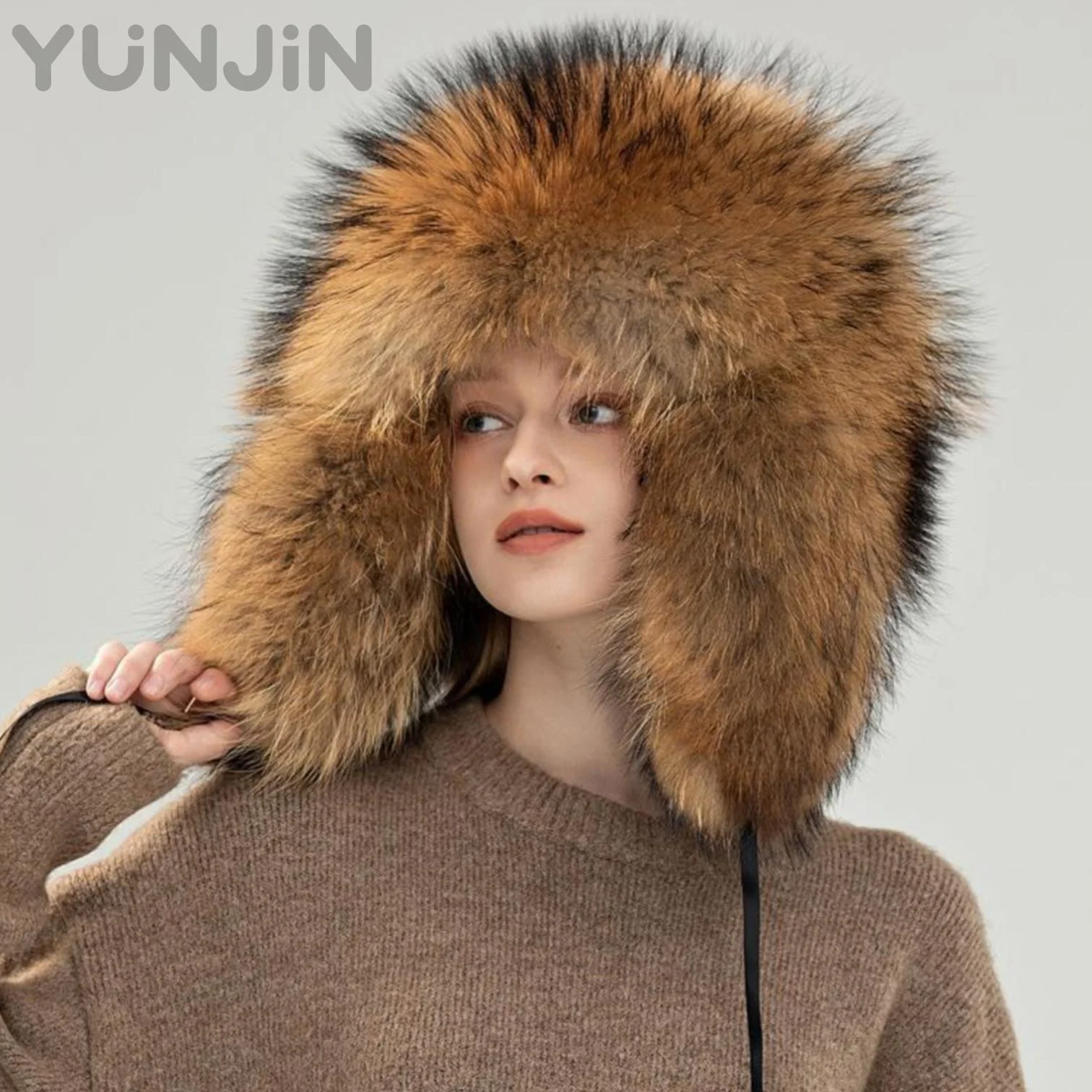 New Women's Real Raccoon Fur Leifeng Hat Outdoor