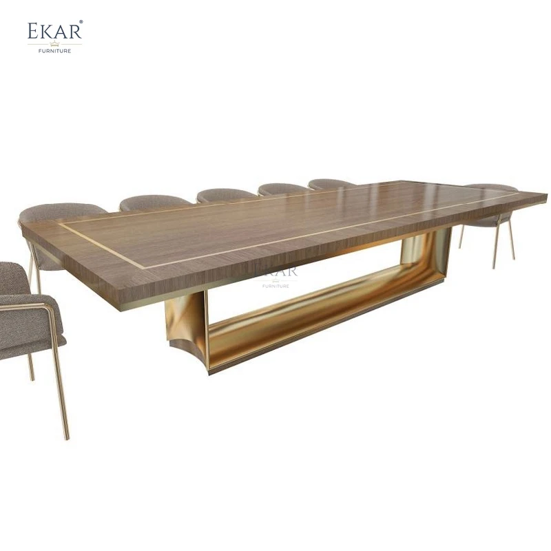 product new design long table sets stainless steel titanium gold and walnut dining table   a fusion of elegance and modern design-59