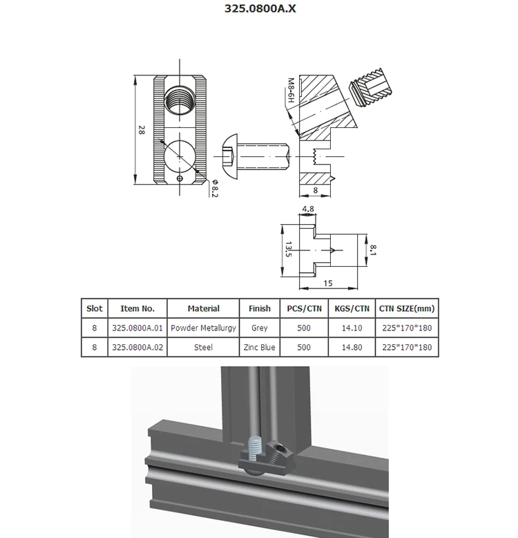 Profile Connector 325.0800A.X M8-6H side and top view