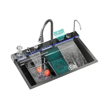 Kitchen Sink Whale Digital Waterfall Sink 31.5 X 18.1 X 8.7 Inches Gun Grey Cup Washer Soap Dispenser Flying Rain Counter
