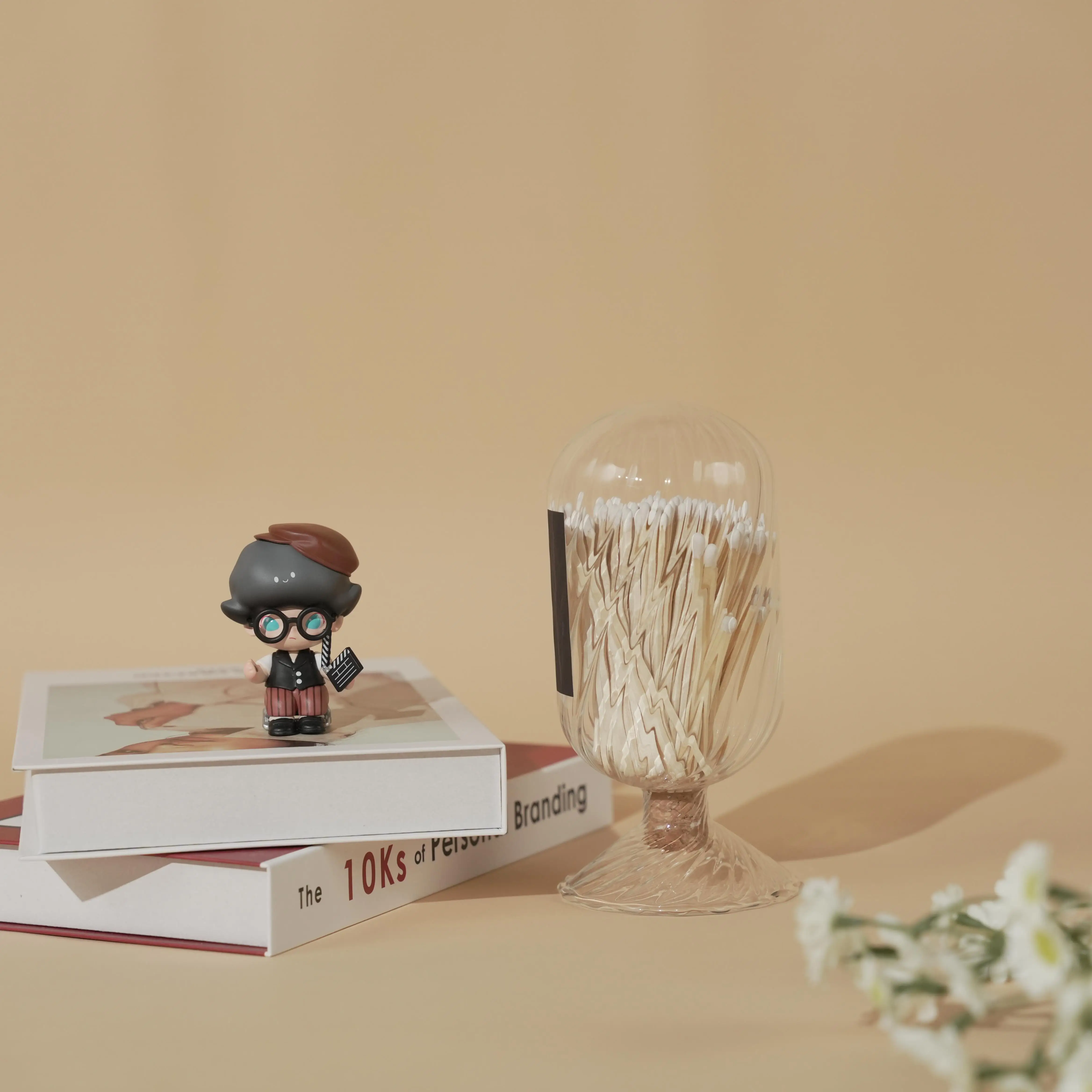 Custom Size & Color Ribbed Glass and Wooden Matches Decorative Match Cloche With Striker Decorative Matches in a Jar