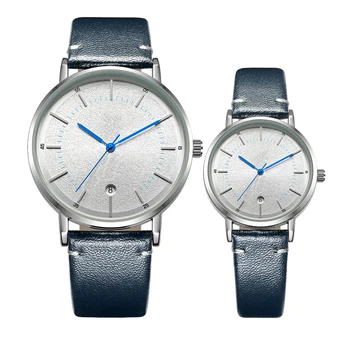 Fashion Couple Watch with Calendar 3ATM Waterproof Hand Pair Watch for Lovers Blue Leather Strap Men and Women Quartz Watches