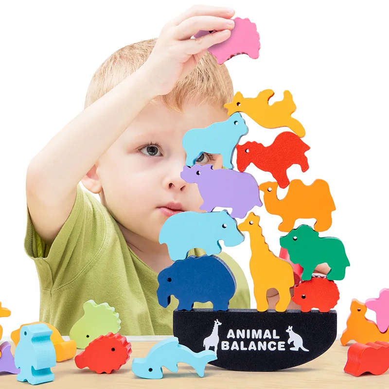 Colorful animal balance Building block stacking game parent-child interactive board game children early education wooden toys