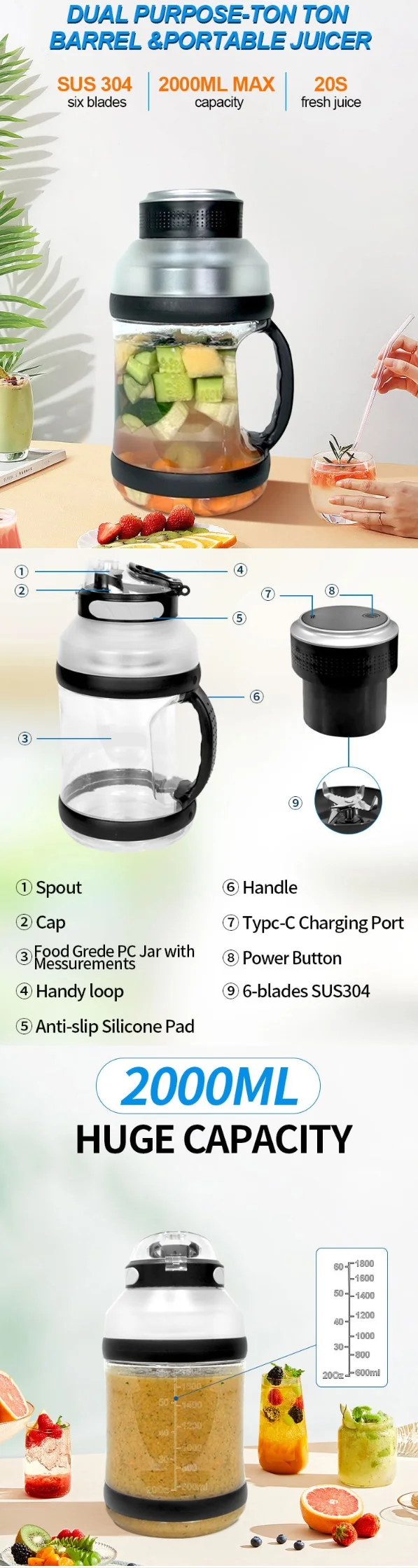 Custom Logo Factory New Design Usb Rechargeable Fresh Juice 2.0l Large