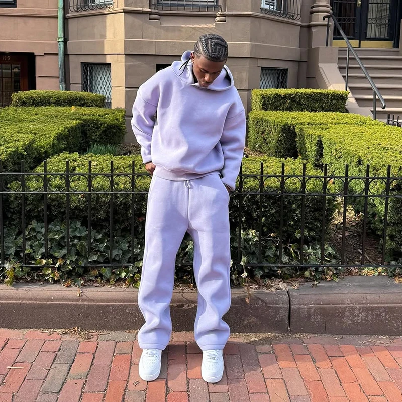 Sut Sweatsuit Terry Perancis Berat, Hoodie dan Seluar Sweatpants Berkapas Berkualiti Tinggi dan Terlalu Besar, Sut Latihan Kosong Disesuaikan untuk Lelaki